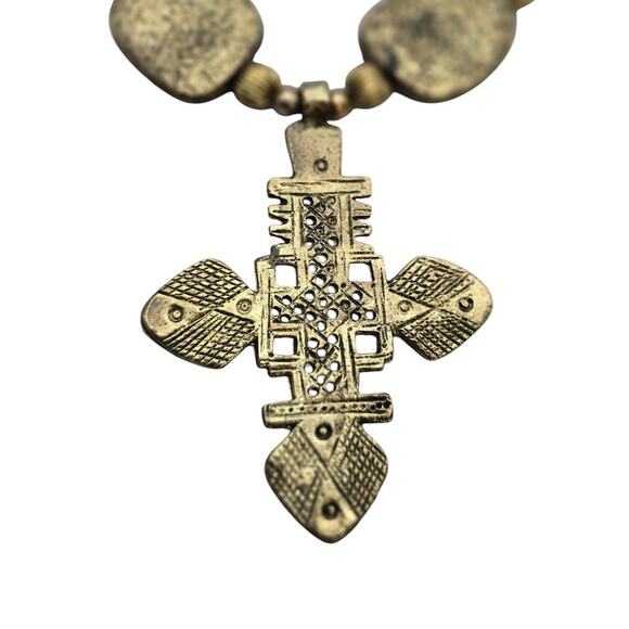Ethiopian Cross Textured Bronze-Gold Stations Bead Statement Necklace - Picture 8 of 8